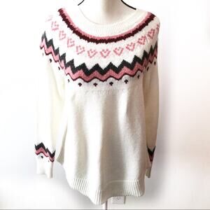 Loft Wool Blend Cream Pink Red Heart Knit Sweater